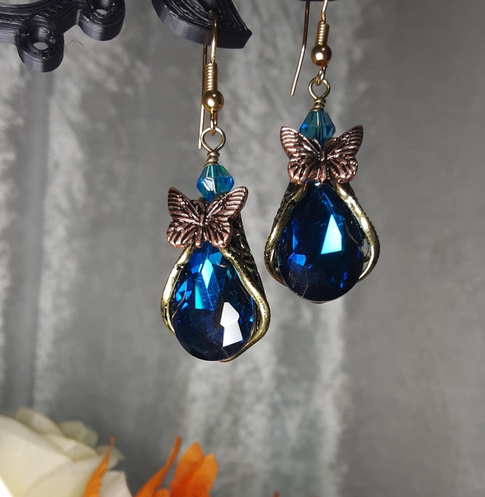 Handmade Teal Crystal Earrings Bronze Copper